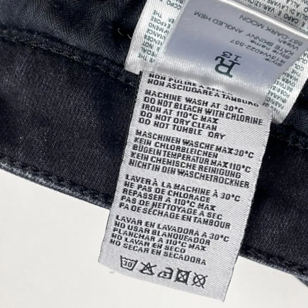 R13 Italy Kate Skinny Raw Hem Jeans Dark Moon Women 26 Stretch Cotton Distressed